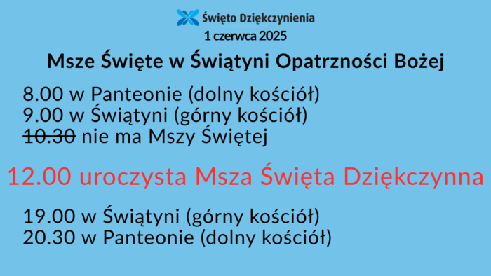 Plansza z informacją o porządku Mszy Świętych 1 czerwca